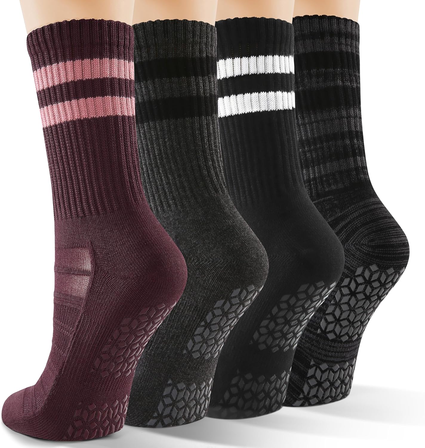 CS CELERSPORT Pilates Socks for Women, 4 Pairs Yoga Crew Non Slip Grip Socks for Barre Hospital Gym