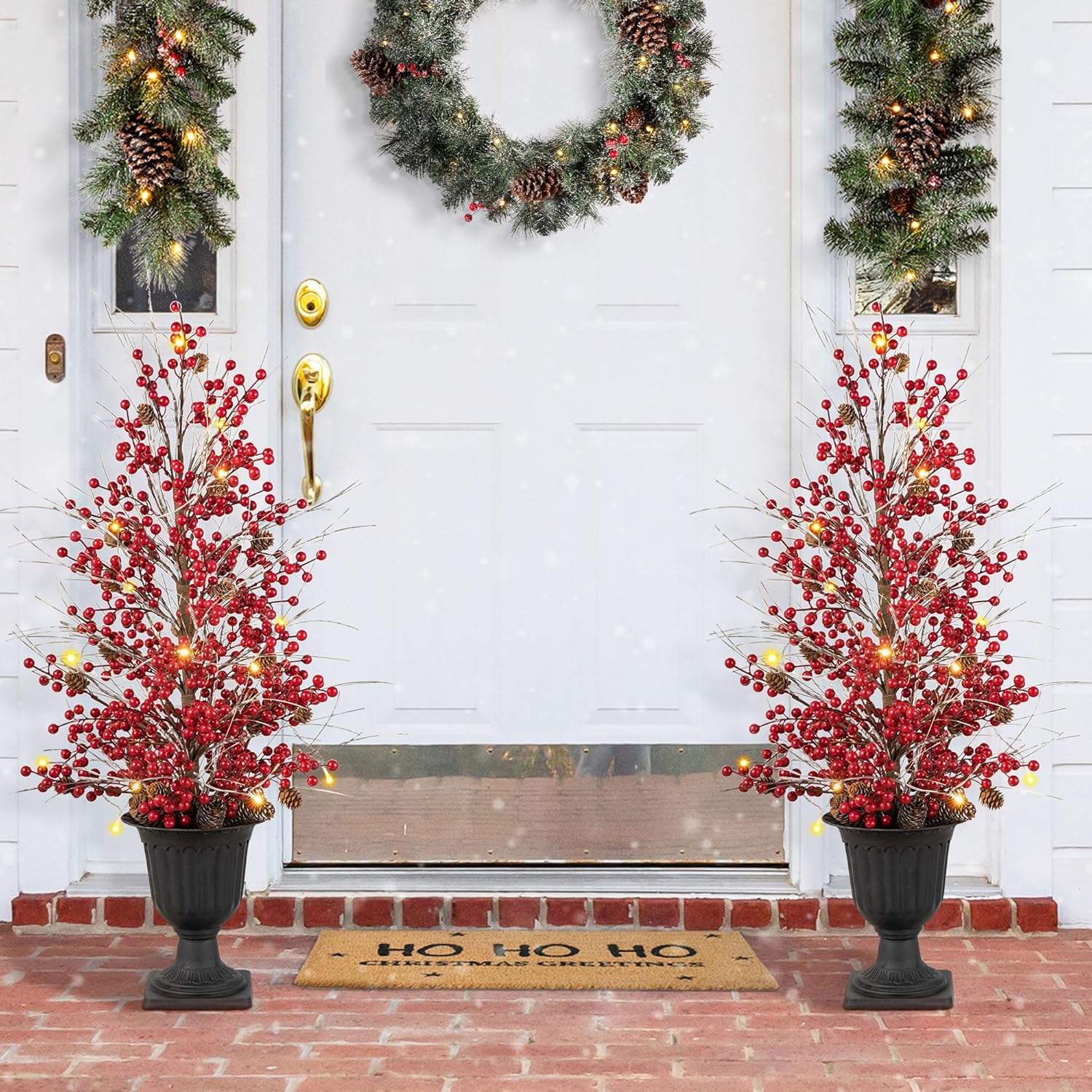 Glitzhome 36" H Pre-Lit Christmas Porch Tree, Red Berry and Pine Cone Urn Artificial Christmas Pot Door Tree for Front Door Entryway 20 Warm White Lights with Timer