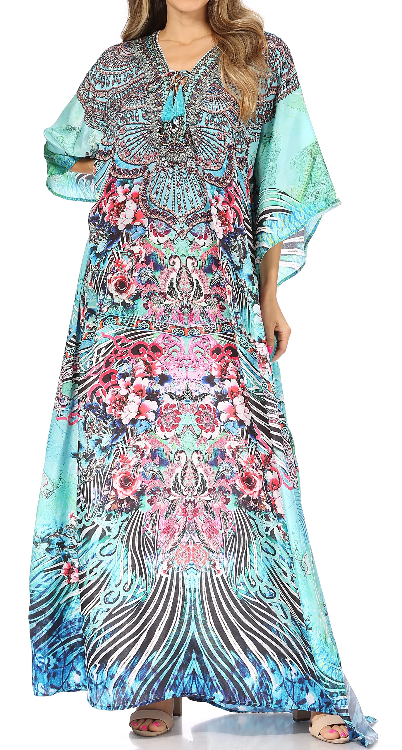 Sakkas Yeni Women's Short Sleeve V-Neck Summer Floral Long Caftan Dress Cover-up