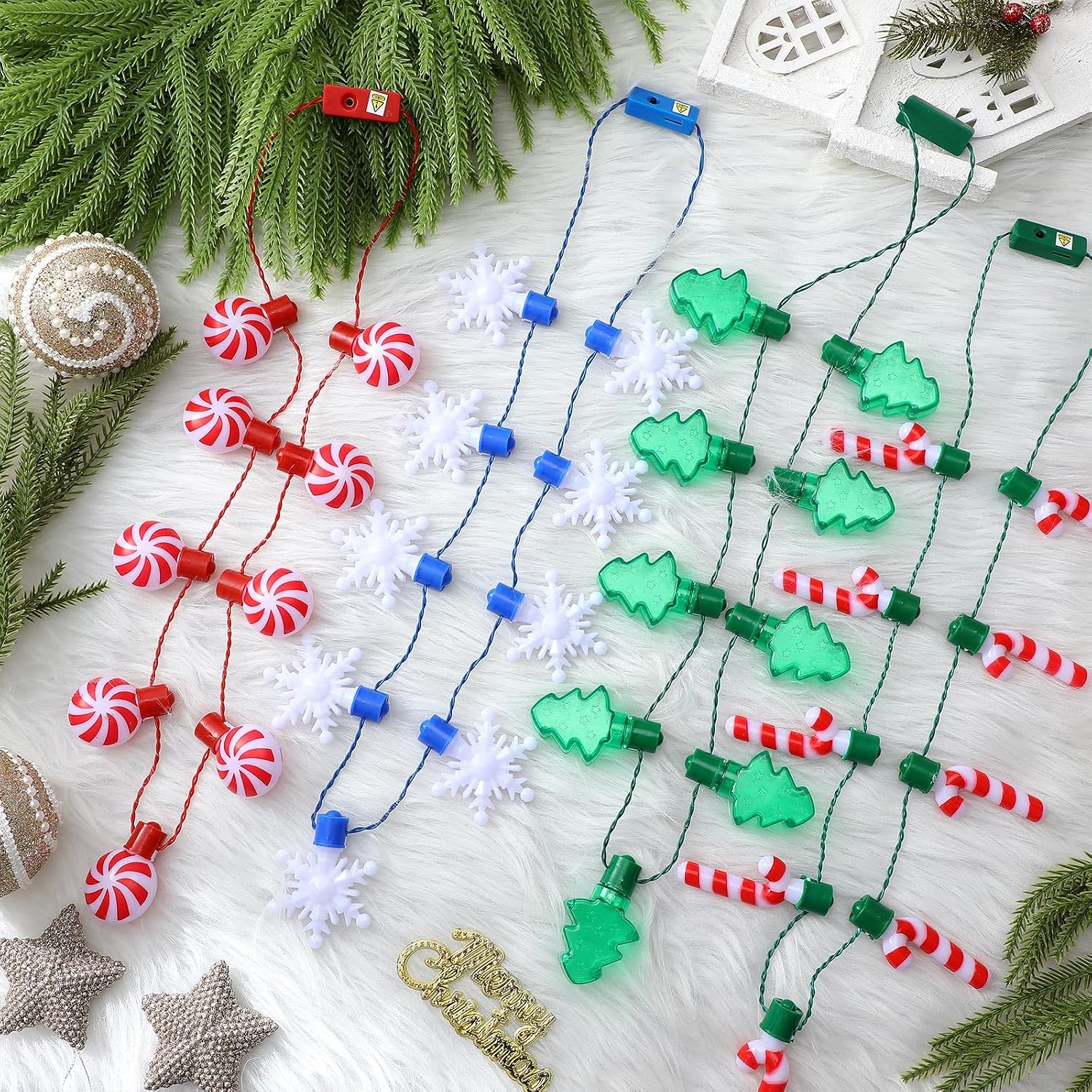 Remuuly 12 Pcs Christmas Light Necklaces 35 Inch LED Light-Up Candy Cane Necklace Christmas Party Favors Accessories with 3 Modes Mini Bulbs for Girls Holiday Gift for New Year Xmas Tree