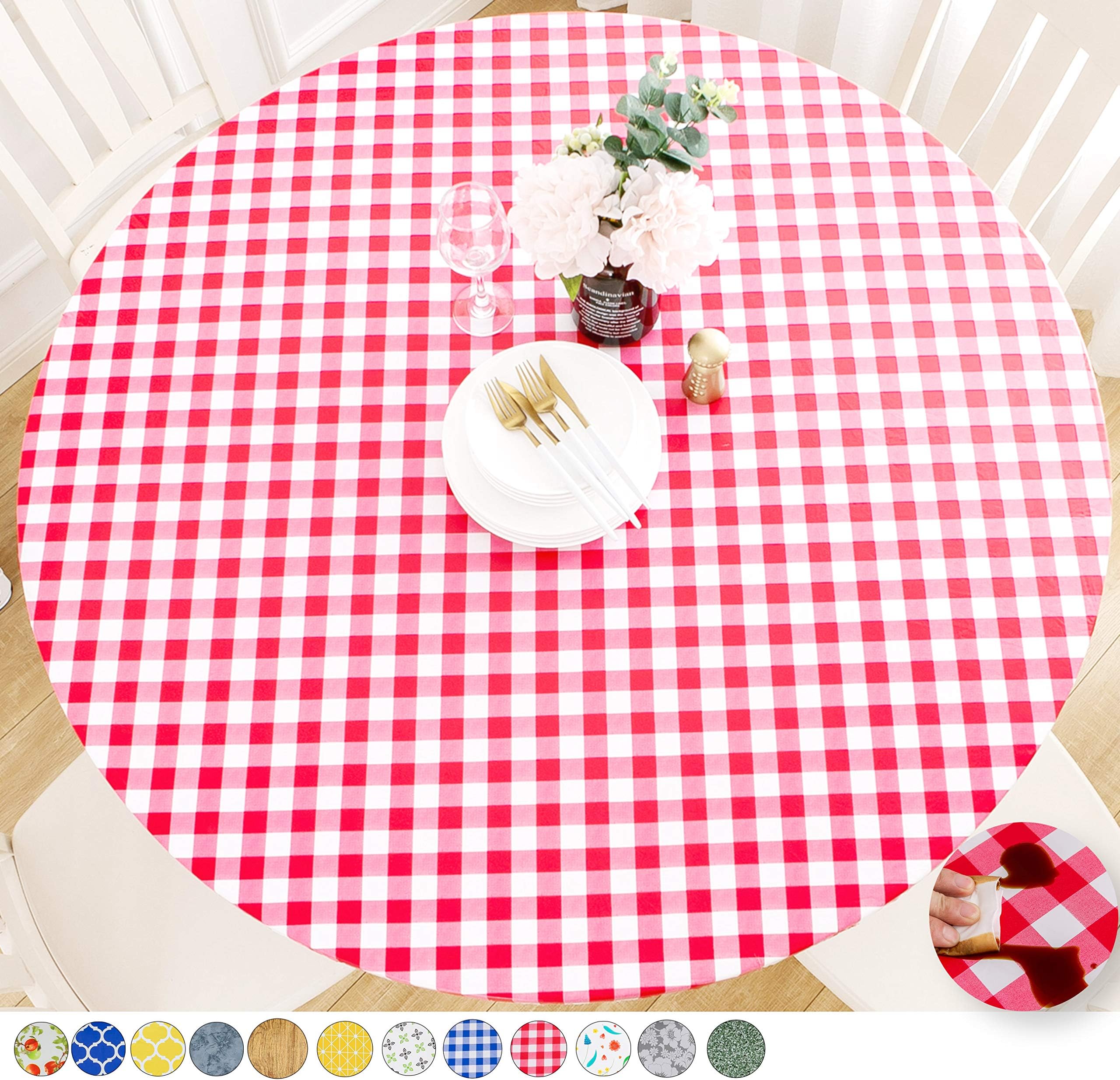 Rally Home GoodsIndoor Outdoor Patio Round Fitted Vinyl Tablecloth, Flannel Backing, Elastic Edge, Waterproof Wipeable Cover, Red-White Gingham Plaid Check Plastic for 5-Seat Table of 36-42’’ Diam