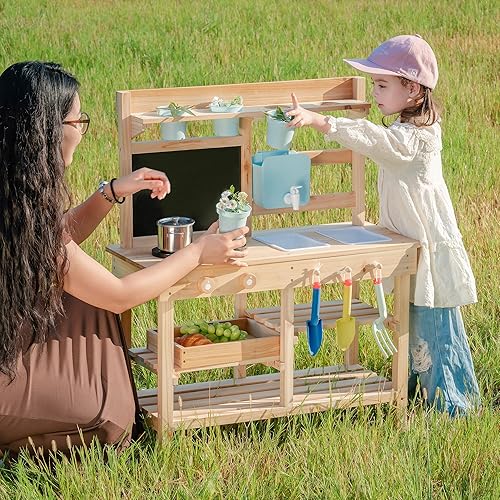Miniatura 7 de ROBUD WG429 - Cocina de barro para niños al aire libre, cocina de madera al aire libre, cocina de barro para niños con fregadero y grifo extraíbles,