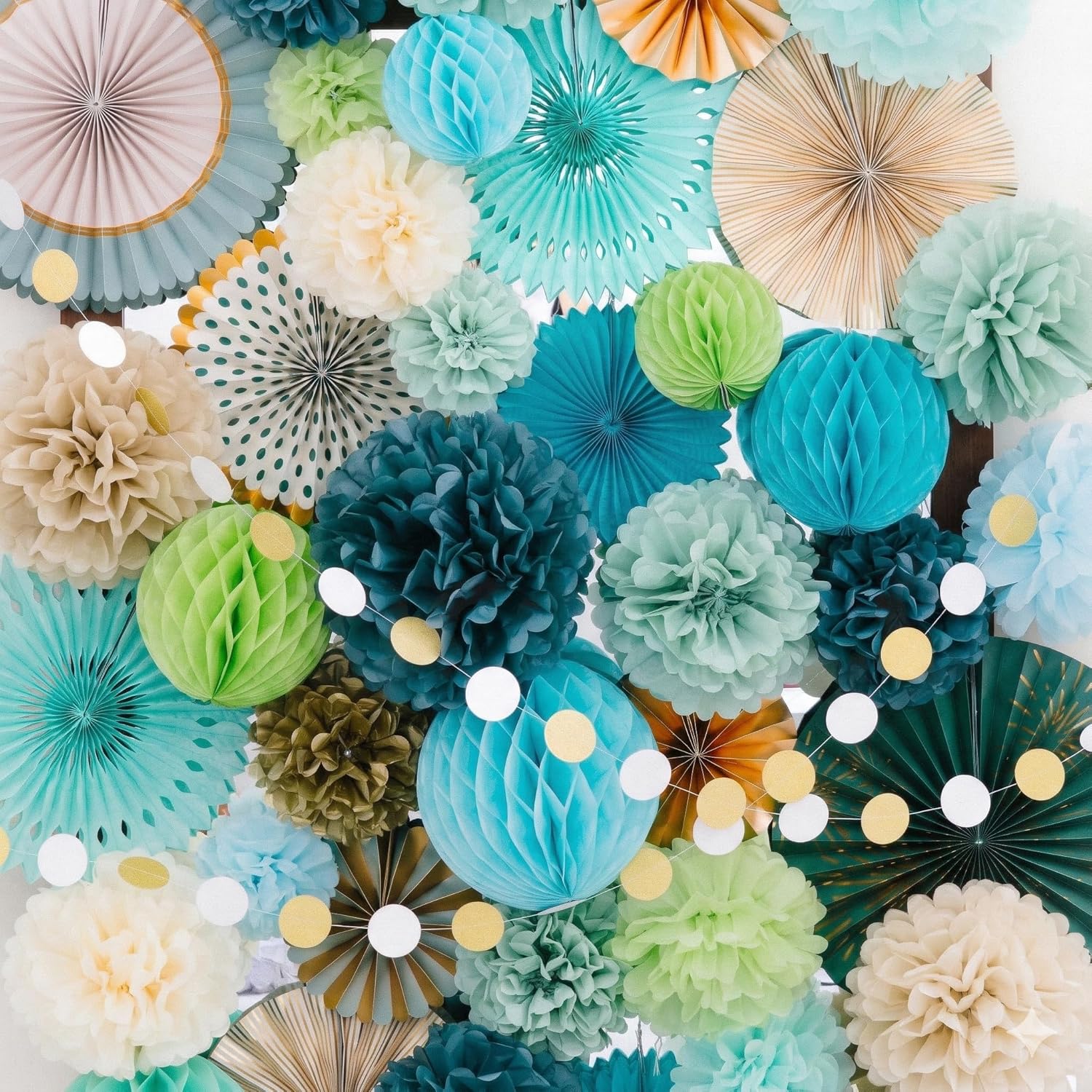 PapaKit 26pc Deluxe Large Sage Green & Gold Party Decoration Set - Premium Paper Fans, Honeycomb Balls & Pom Poms Backdrop - Party Wall Decor for Baby Shower, Wedding, Birthday, & Bridal Shower