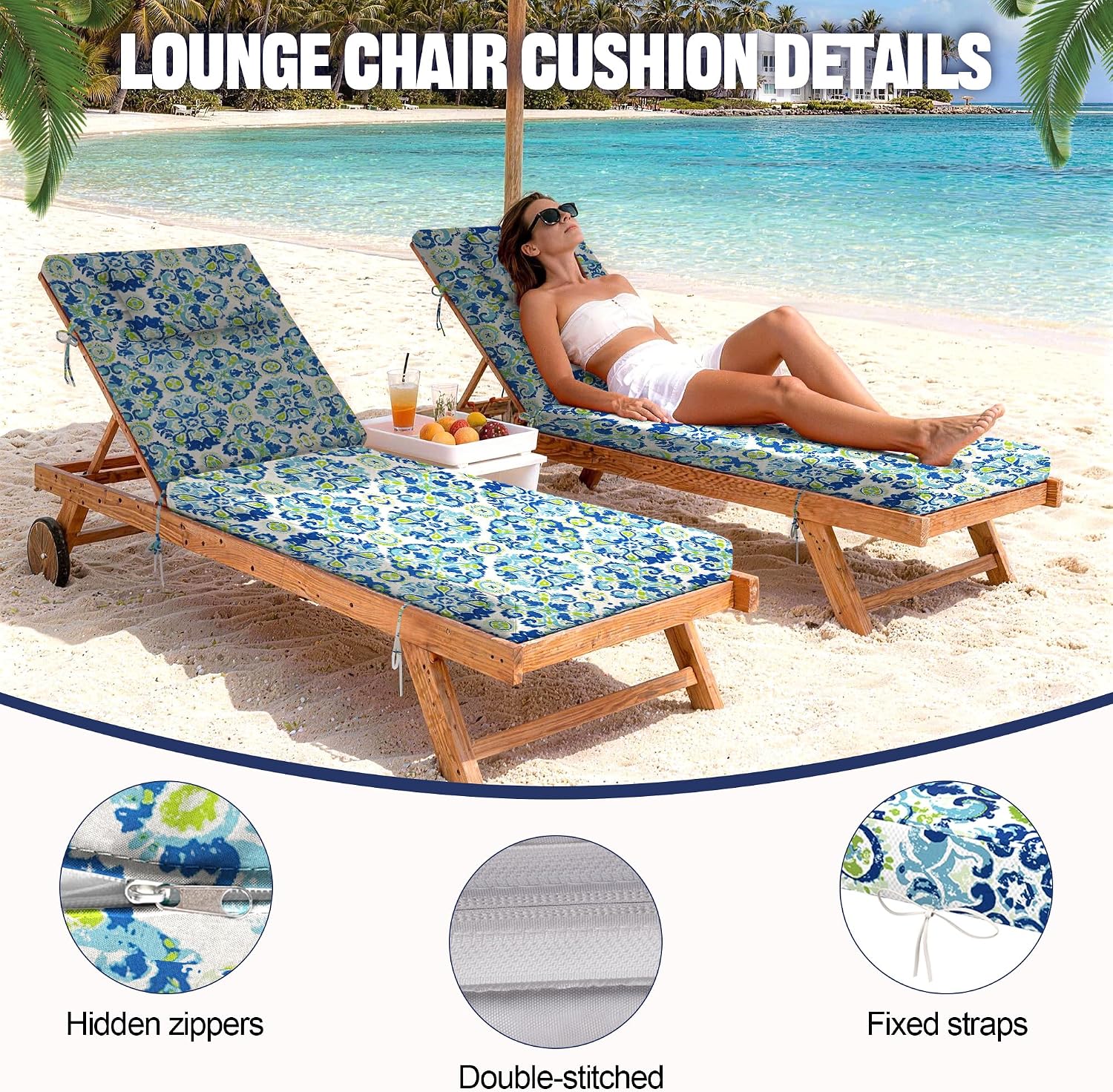 Chaise Lounge Cushions Outdoor Set of 2,Fade Resistant Lounge Chair Cushions with Fastening Ties,Patio Lounger Pads with Removable Cover for Patio,Pool,Garden,80" x 26" x 3",A16512