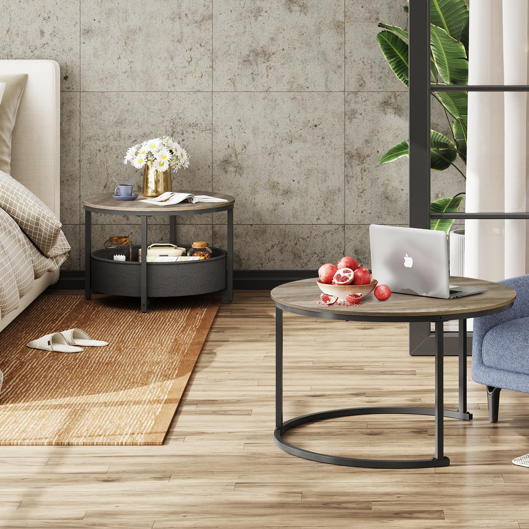 WLIVE Mesa de Centro Juego de 2, Mesa Auxiliar Redonda con Almacenamiento, Mesa de Salón de Madera con Estructura Metálica (Gris Negro, 80 y 60 cm de diámetro)