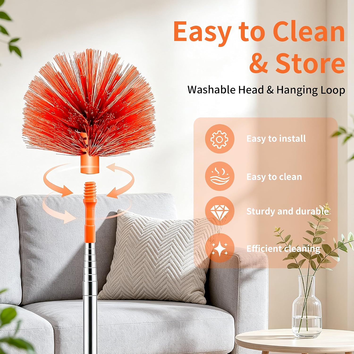Cobweb Duster with Extension Pole, Upgraded Heavy Duty Thickened Stainless Steel Telescopic Handle for High Ceilings & Ceiling Fans, 90" Total Reach (15.7" Compact), Medium Stiff Bristles (Orange)