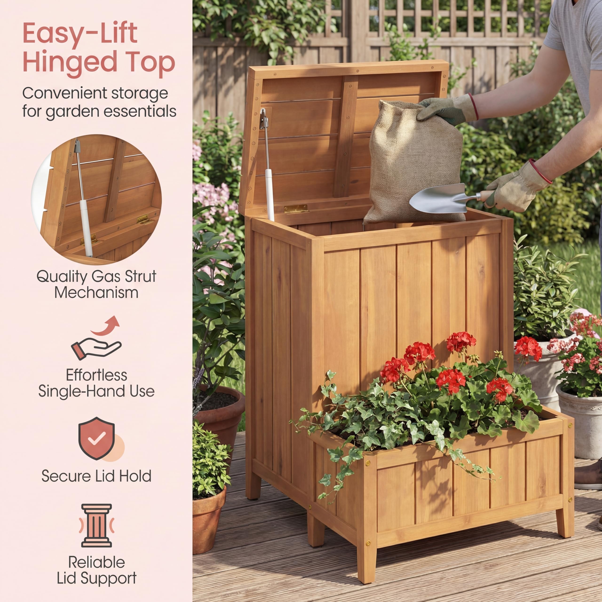 HOMASIS 2 in 1 Paketbox mit Pflanzkübel, Paketannahme mit Blumenkasten aus Holz, Auflagenbox mit Deckel & Gasdruckfeder, multifunktionale Aufbewahrungsbox für Terrasse & Garten, Natur