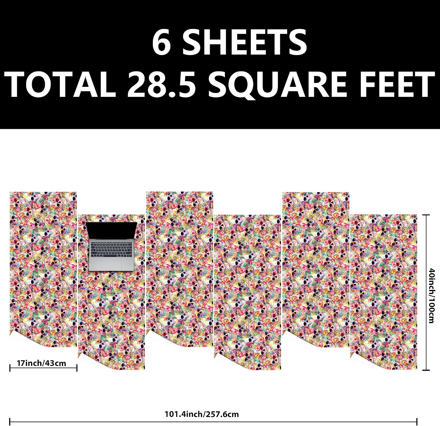 Vnaaem Skull Floral Wrapping Paper Roll Set - White Kraft Colorful Floral Gothic Skeleton Design Gift Wrap for Halloween Holiday Party Baby Shower(Total 28.5 sq.ft) image 5
