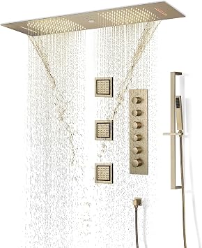 36 Inch Flushed Ceiling Mount Rainfall Waterfall Water Column 64 LED Light Bluetooth Music Shower Head 5 Way Thermostatic Shower Faucet Set with Body Jets and Touch Panel Brushed Gold