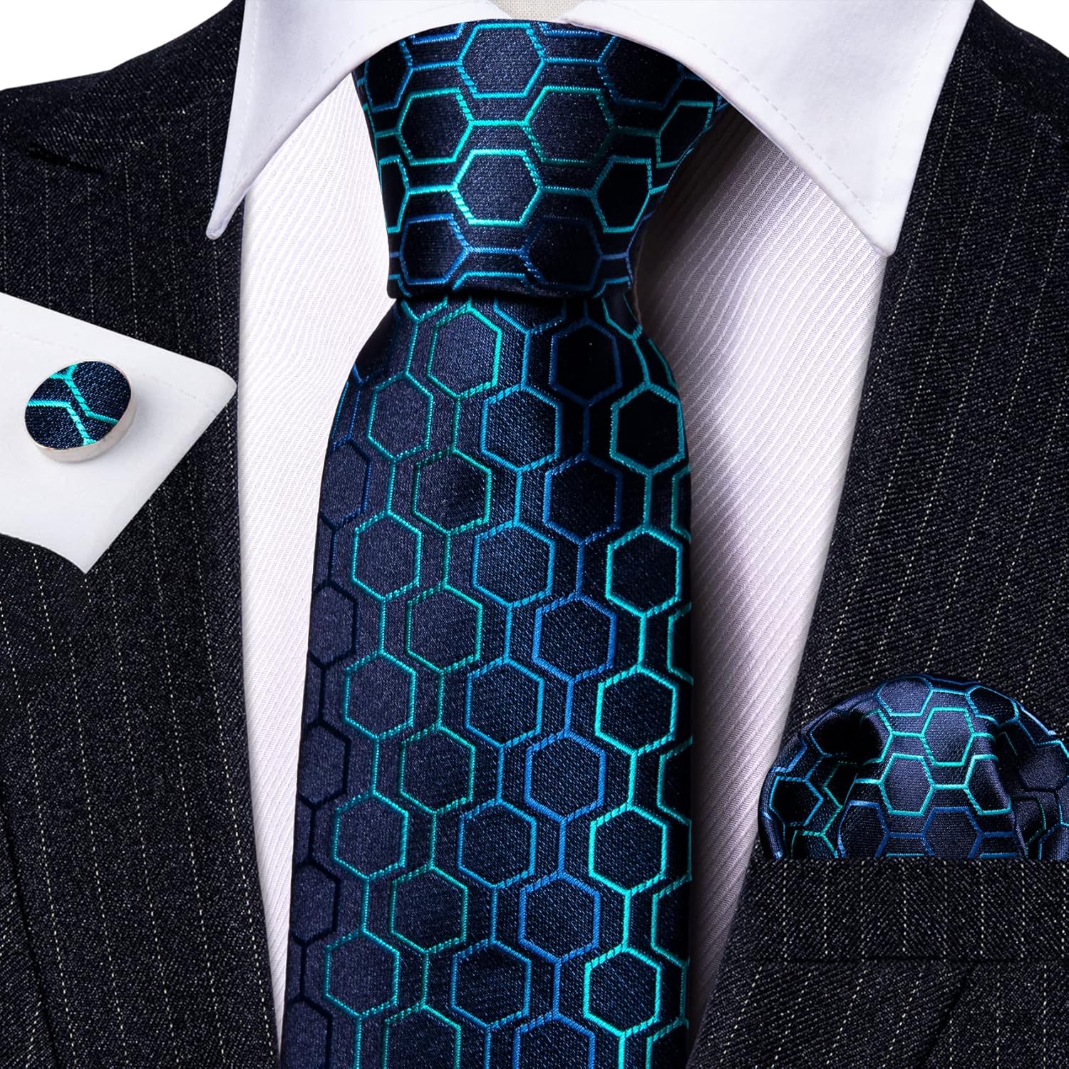 Barry.Wang Classic Mens Ties Silk Necktie Pocket Square Cufflinks Set Woven Designer Wedding Business - Image 4