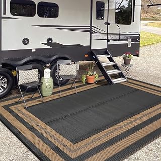 GAOMON Waterproof Plastic Straw Rug 9x12 Outdoor Rug for Patios Modern Bordered Lightweight Carpet Reversible Mat for Backyard Pool Deck Picnic Patio Porch RV Beach Trailer Camping Border-Black/Brown