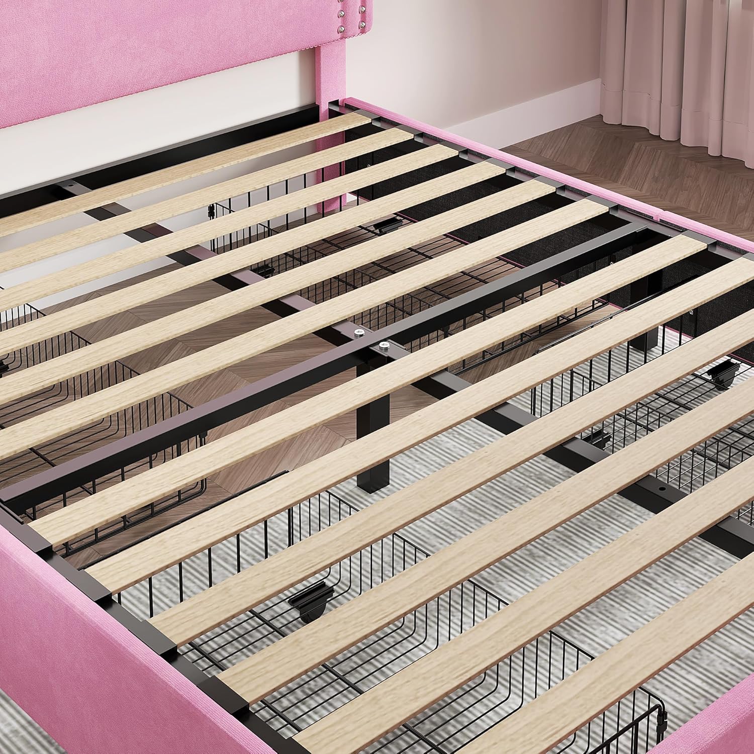 VECELO Upholstered Full Platform Bed Frame with 4 Storage Drawers & Rivet-Tufted Headboard, Wooden Slats Support, Noise-Free, No Box Spring Needed, Easy Assembly