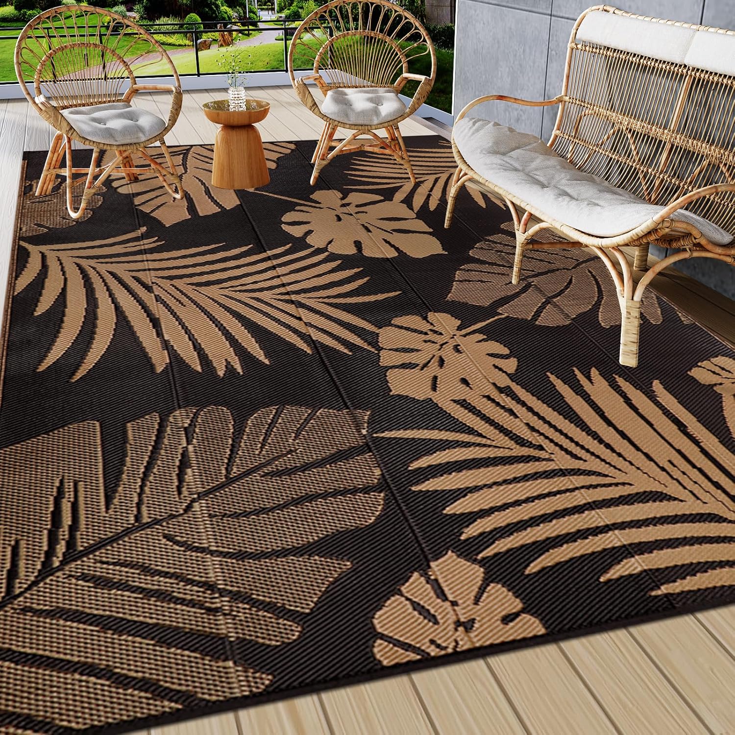 famibay Plastic Outdoor Rug 8x10 Waterproof Outdoor Carpet Patio Rugs Tropical Camping Rug Outside RV Mat Rug All Weather Reversible Lightweight Outdoor Area Rug for Patio Camping RV(Black/Bold)