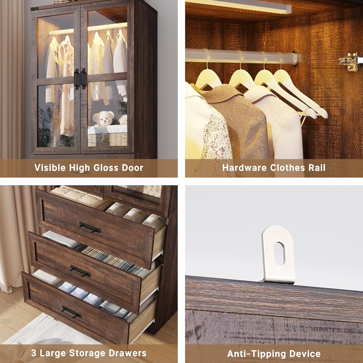 75" Tall Farmhouse 2 Doors Armoire Wardrobe Closet with 3 Drawers and LED,Freestanding Closet Wardrobe Cabinet for Bedroom with Hanging Rod,Wooden Armoire Storage Cabinet with Adjustable shelve(Brown)