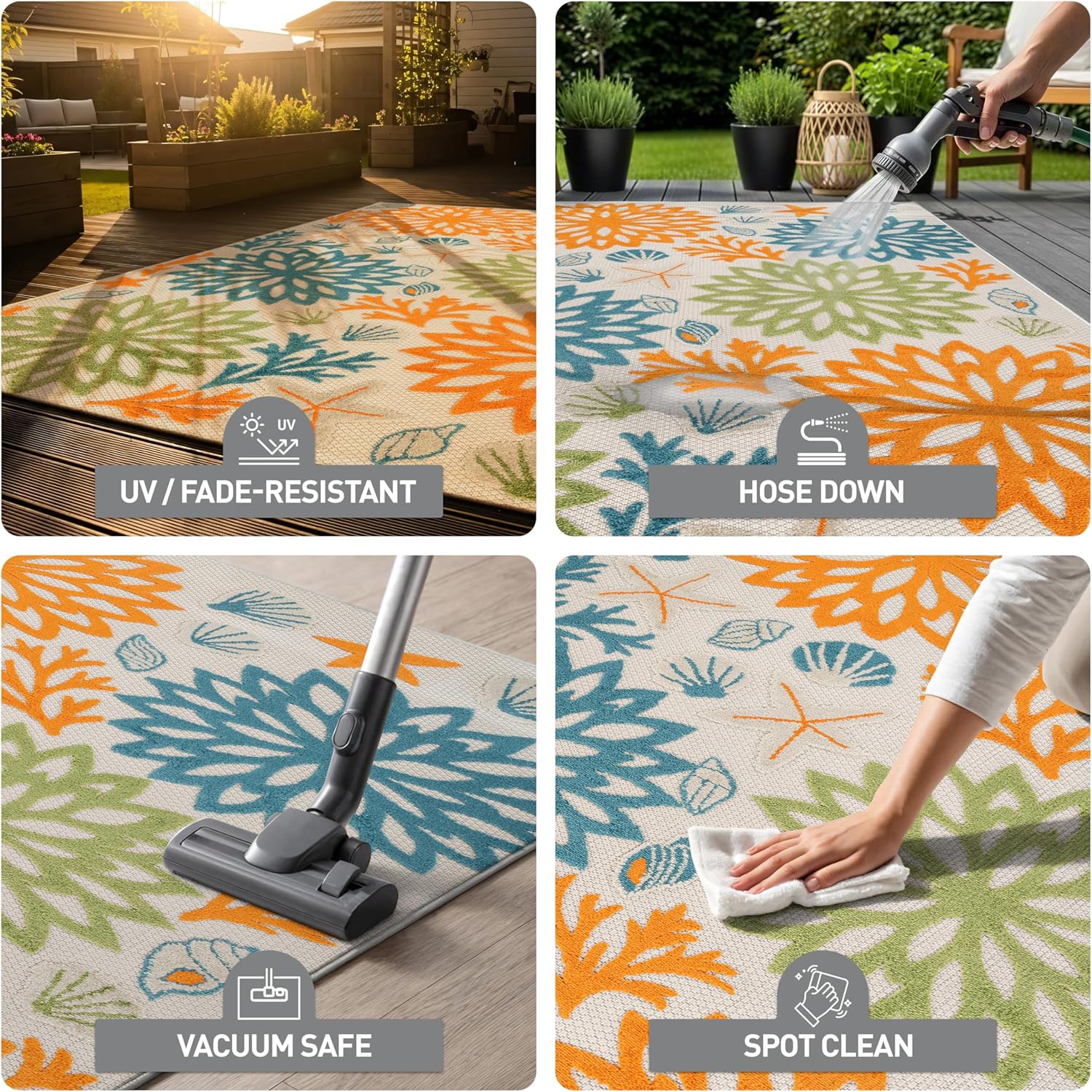Rugshop Indoor/Outdoor High-Low Textured Area Rug, Coastal Floral, Easy-Clean Patio Rug for Porch Deck Balcony 6' 6" x 9' Multi