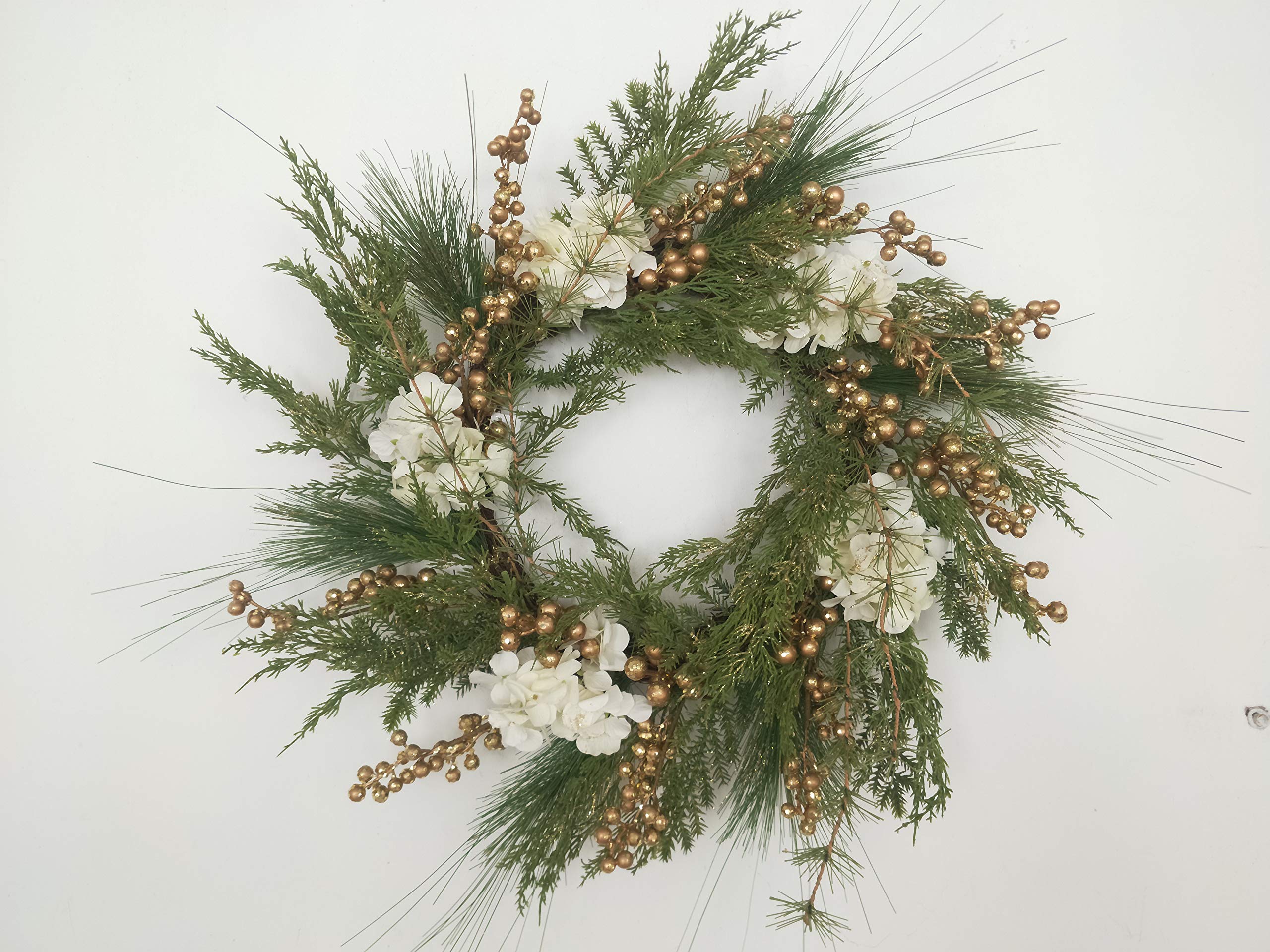 Shatchi Golden Berries Natural Looking Artificial Green Leaves, And White Hydrangea Flowers Wreath Front Door Hanging Christmas Decorations Wedding Xmas Decorative Garland, 15709 55Cm
