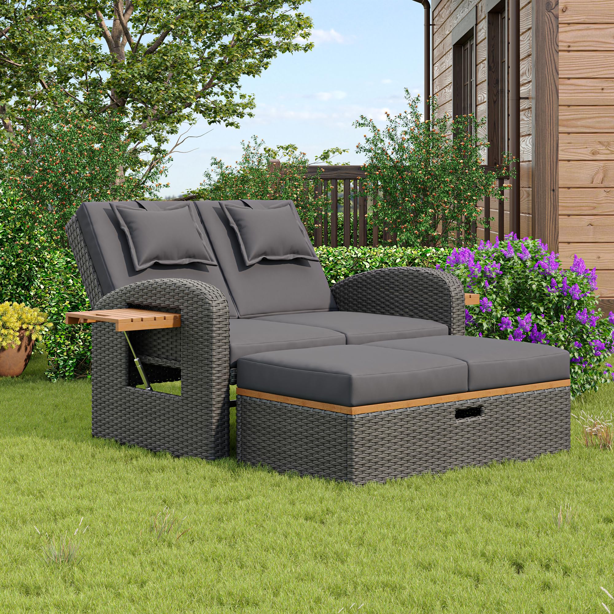 Juego de 2 sillones de jardín de ratán gris con respaldo ajustable y pie de apoyo con reposapiés o cama al aire libre con cojín de respaldo y cojín de asiento