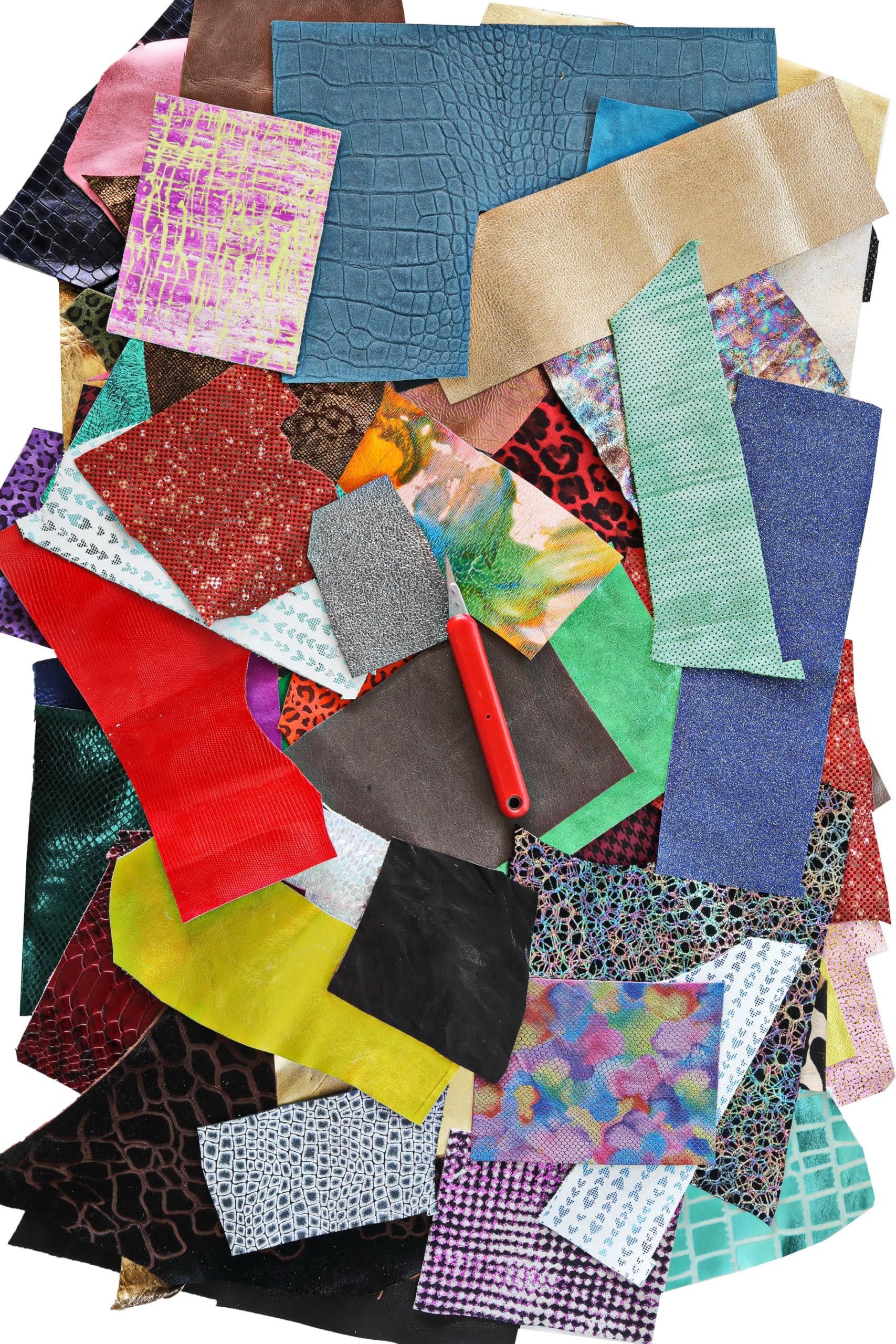 LA GARZARARA - 100 Ritagli di Pelle Mista - Minimo 5x10 cm - Selezione Casuale per Artigianato Cucito e Creazioni Handmade - Stampe, Laminati, Verniciati, Tinta Unita e Vintage - 100PC