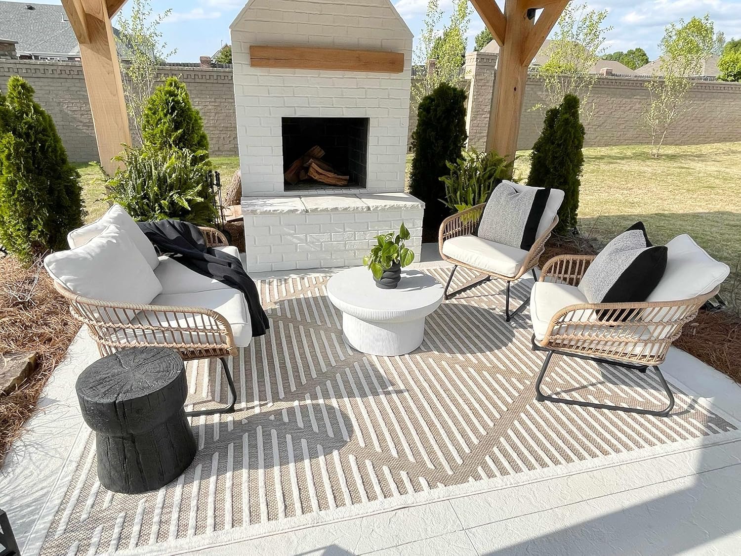 Hauteloom Nerys Moroccan Geometric Area Rug - Outdoor Safe - Striped Diamond Performance Carpet for Porch, Patio, Living Room - High Traffic Rug - Beige, White, Brown - 6'7" x 9' (6x9 Area Rug)