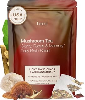 Organic Mushroom Tea with Ashwagandha, Lion’s Mane & Chaga for Focus, Memory & Mental Clarity – Brain Boost Tea with Ginkgo Biloba, Gotu Kola & Reishi for Cognitive Support & Mental Sharpness