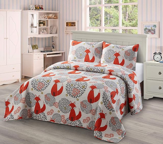 3pc Full/Queen Quilt Bedspread Set Kids/Teens Fox White Grey Red Orange New