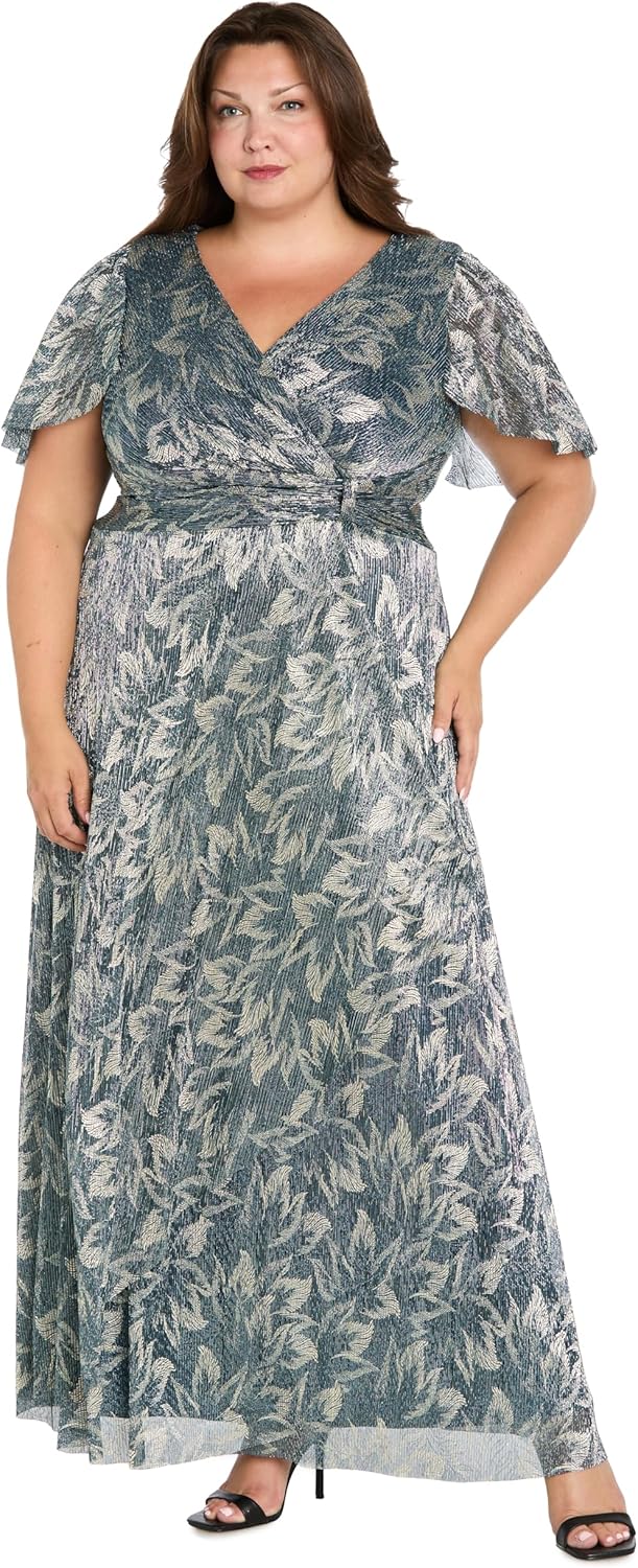R&M Richards Women's Long Metallic Printed Maxi Dress - Evening Gown W/Flutter Sleeves, Ruched Waist & Back Zipper - Image 5