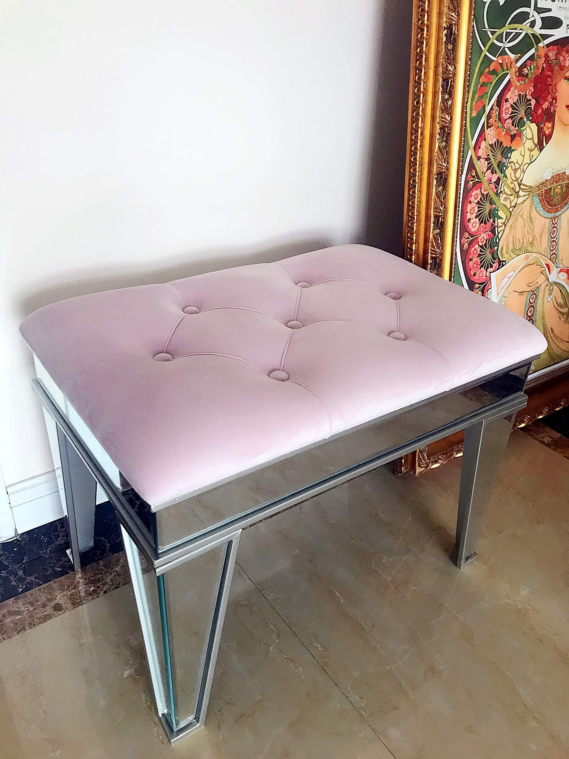 Dipamkar - L60.5 CM Velvet Stool Bench Dressing Table Stool Makeup Vanity Stool With Mirrored Legs Deep Buttoned Designed