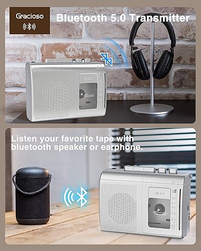 Miniatura 2 de Gracioso Reproductor de casete Bluetooth con transmisor Bluetooth, reproductor de casete AM FM con altavoz grande, conector para auriculares
