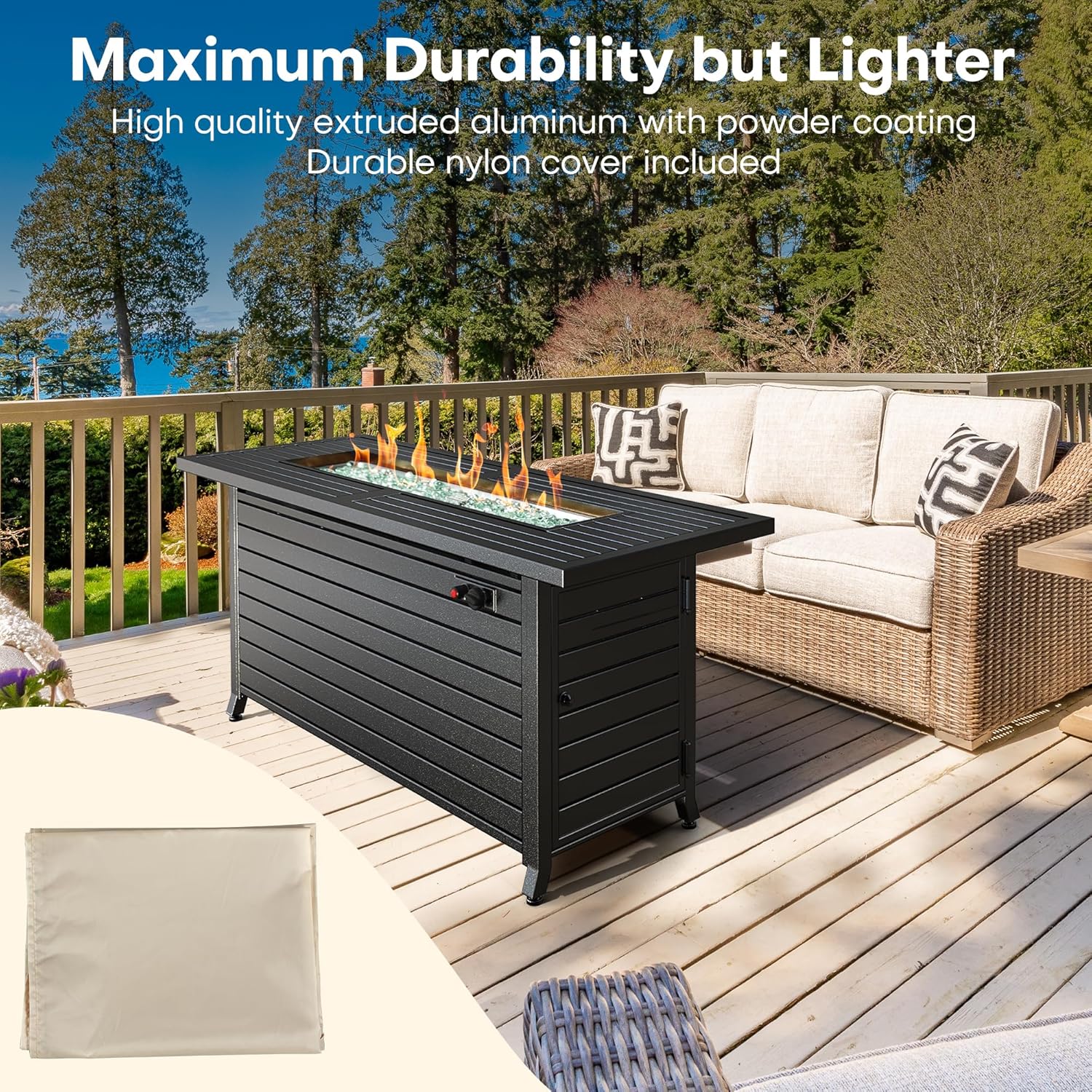 LEGACY HEATING 57 Inch Propane Fire Pit Table, 50000BTU Outdoor Gas Fire Pit, 2 in 1 Rectangular Firepit w/Lid, Glass Beads, ETL Certified for Gatherings on Garden Backyard, Black