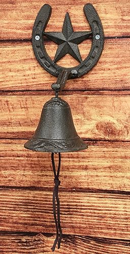 Miniatura 8 de Ebros Gift Campana de hierro fundido rústico vintage con estrella occidental para puerta, pared, cena, patio, campanas al aire libre, estilo