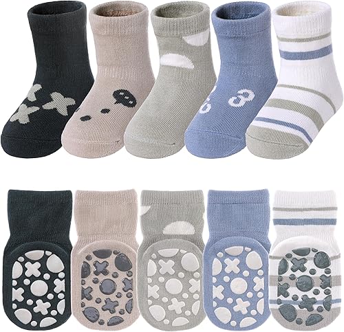 TRUEHAN 5 pares de calcetines antideslizantes para niños pequeños con agarres, calcetines para bebés para niños y niñas