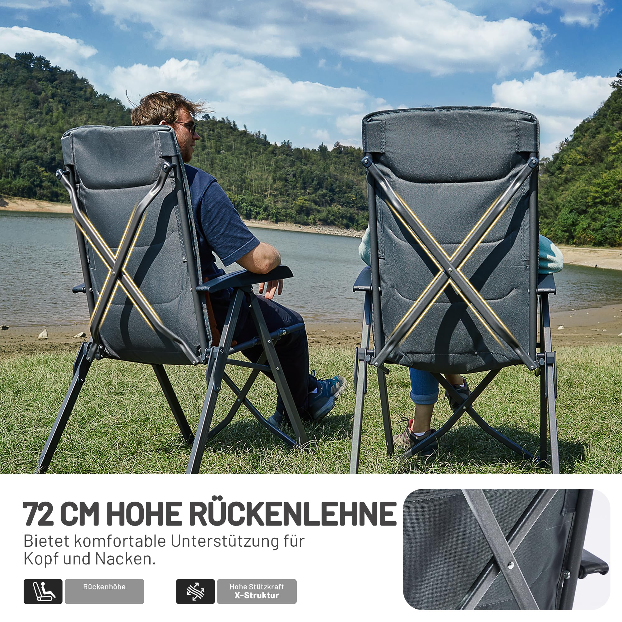 TIMBER RIDGE Campingstuhl Faltbar Hohe Lehne Kleines Packmaß Klappstuhl Camping 150kg mit 4 Positionen verstellbar mit Tasche Liegestuhl Alu für Garten Balkon Wohnmobil