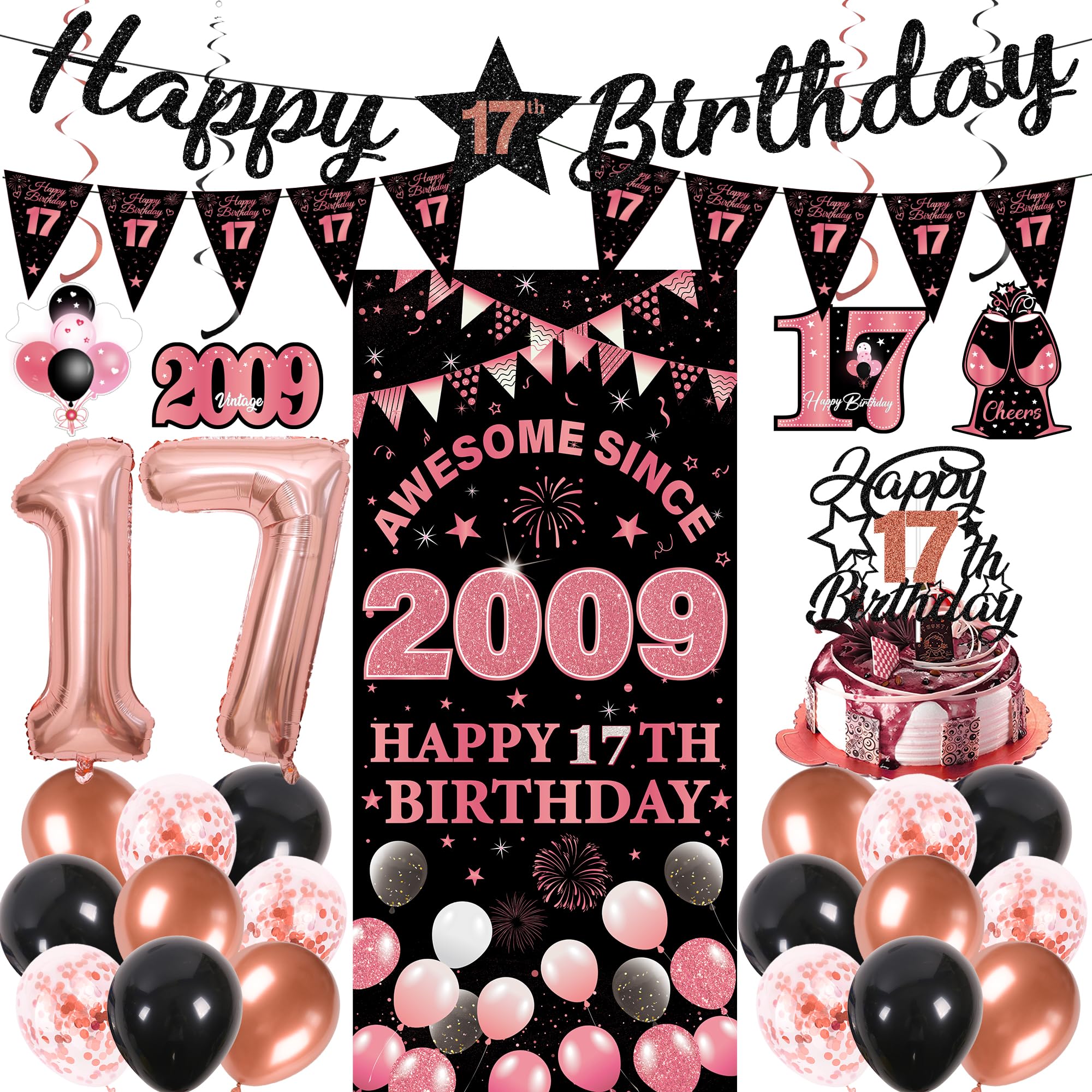 17th Birthday Decorations Girls Kit - 27 Pcs Black Rose Gold Happy 17th Birthday Banner Triangular Flag Hanging Swirls Backdrop Cake Topper 17 Balloon Set for 17 Years Old Party Decoration Supplies
