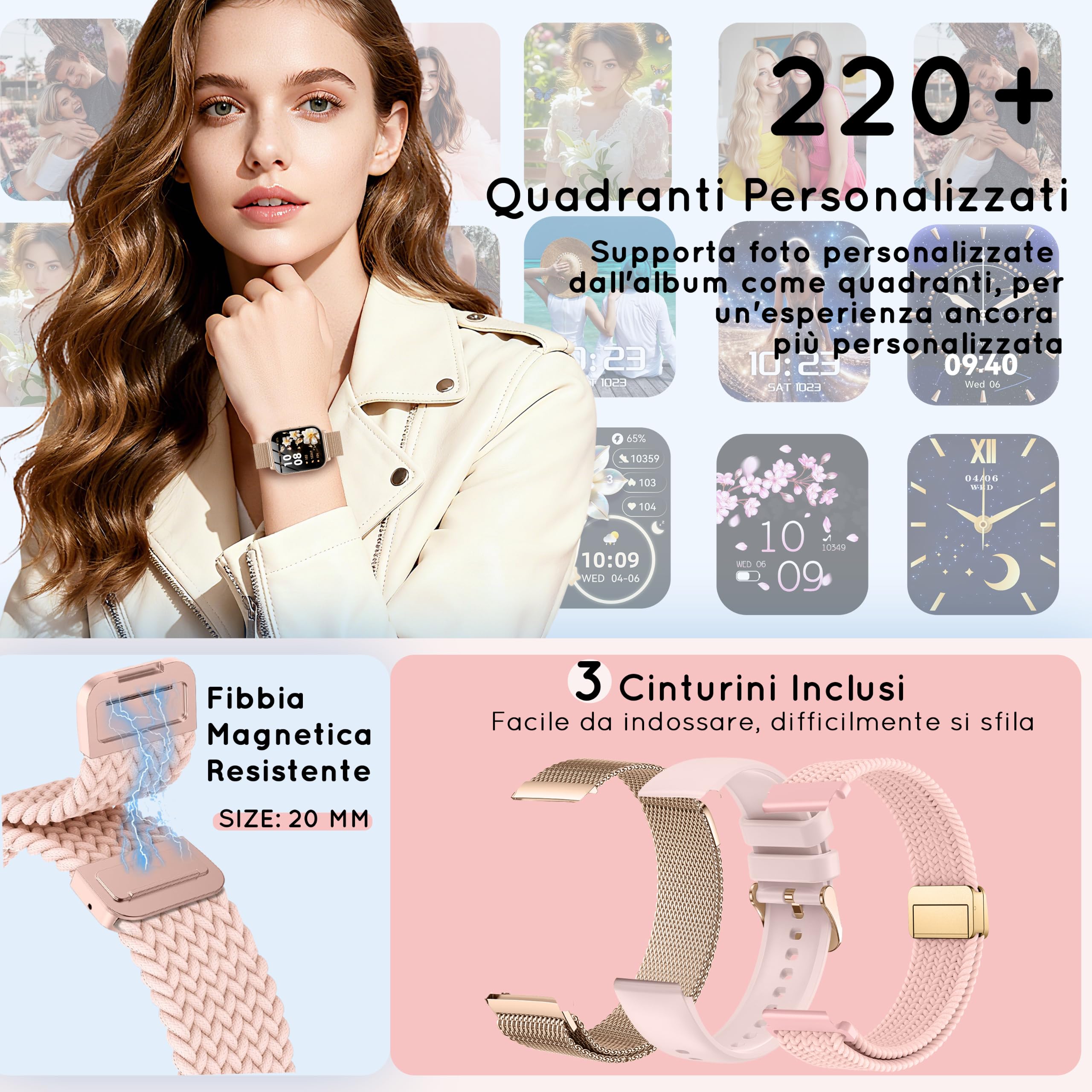 Smartwatch Damen, 1,85" Orologio 30+ Giorni di Autonomia Effettua/Risposta Chiamate con Frequenza/SpO2/Sonno 120+ Sportive Fitness Tracker Smart Watch per iOS Android, Roségold/1000mAh