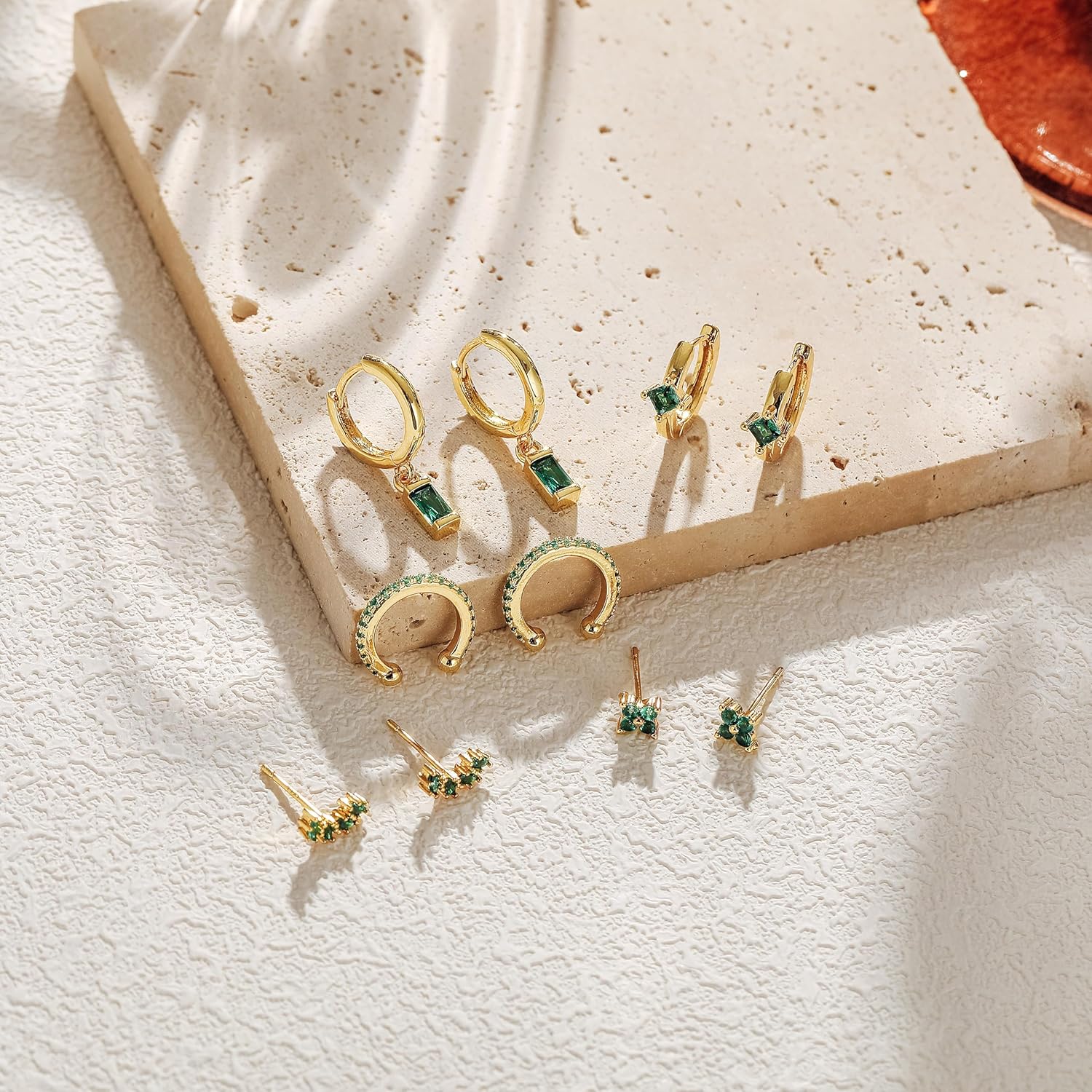 5 Pairs Sterling Silver Post Stud Hoop Earrings Set Dainty 14k Gold Plated Earrings for Women S925 Green CZ Cartilage Stud Huggie Earring for Multiple Piercing Small Earring Stacks - Image 2