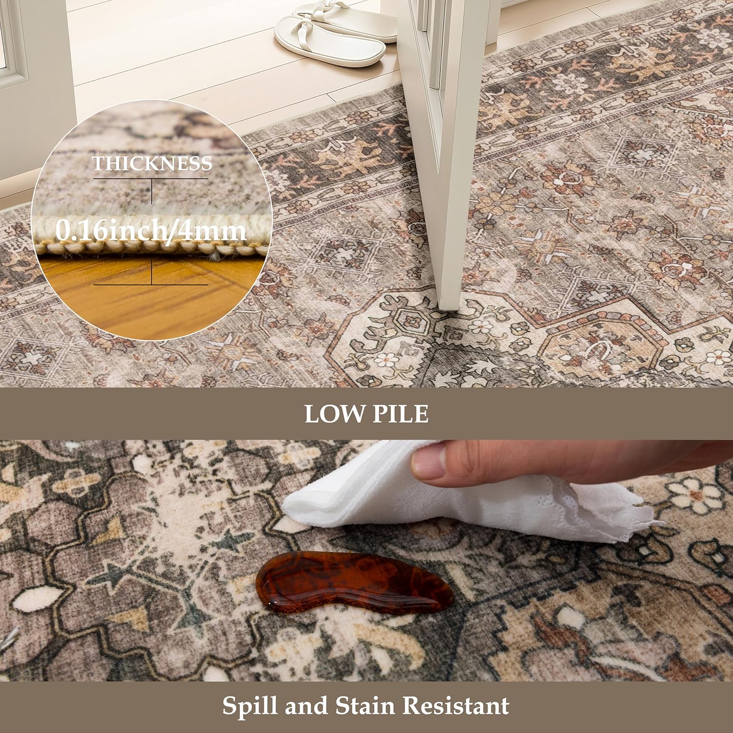 Washable 2x6 Runner Rug: Non-Slip Kitchen Hallway Carpet Stain Resistant Rugs for Bedroom Entryway Vintage Soft Non Shedding Floor Mat for Dorm Living Room Bathroom 2x6 Brown