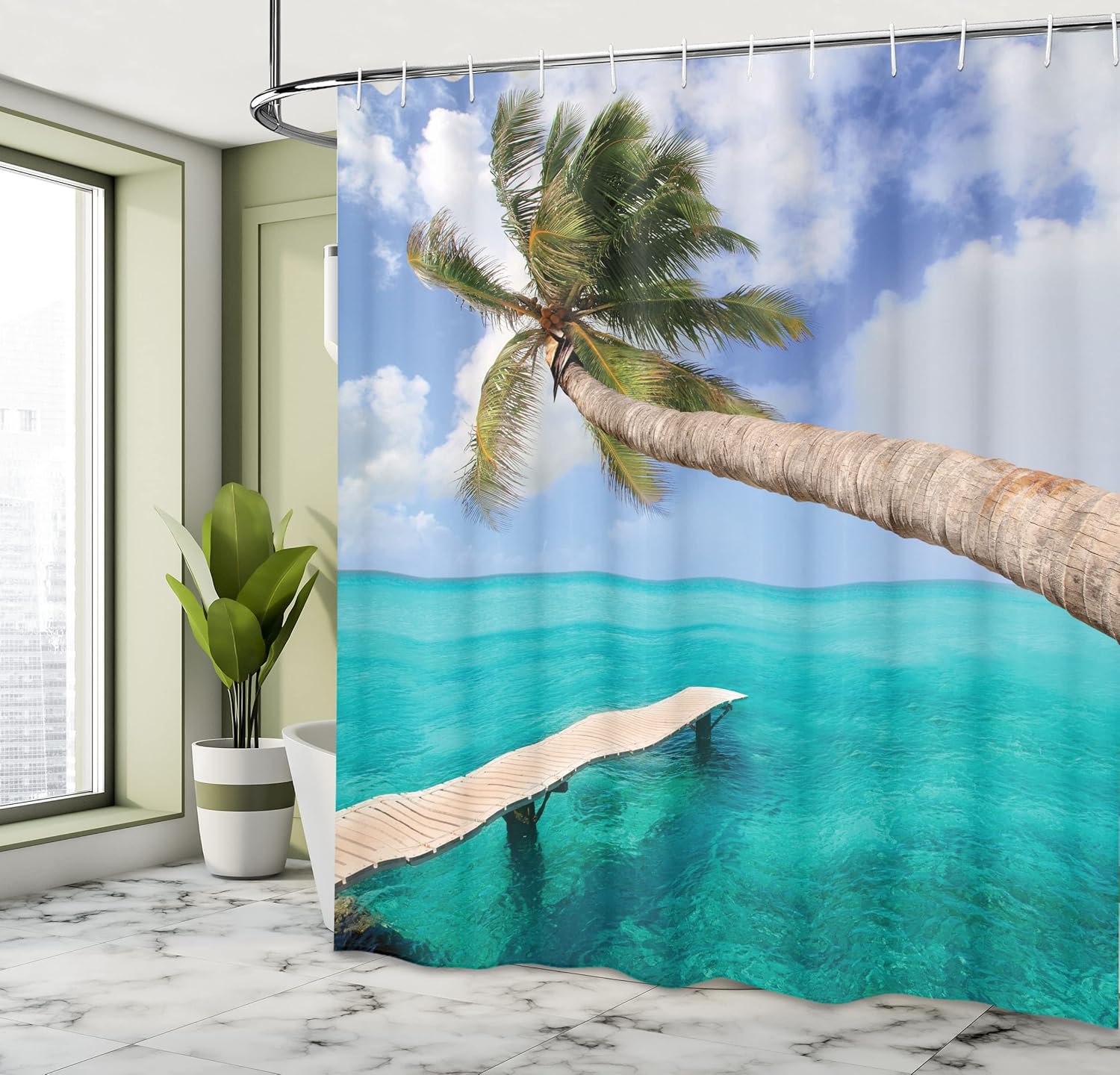 Ambesonne Beach Shower Curtain, Palm Tree Bend Over Tropical Beach Clear Ocean Jetty Landmark Picture Print, Cloth Fabric Bathroom Decor Set with Hooks, 69" W x 70" L, Aqua Blue Green