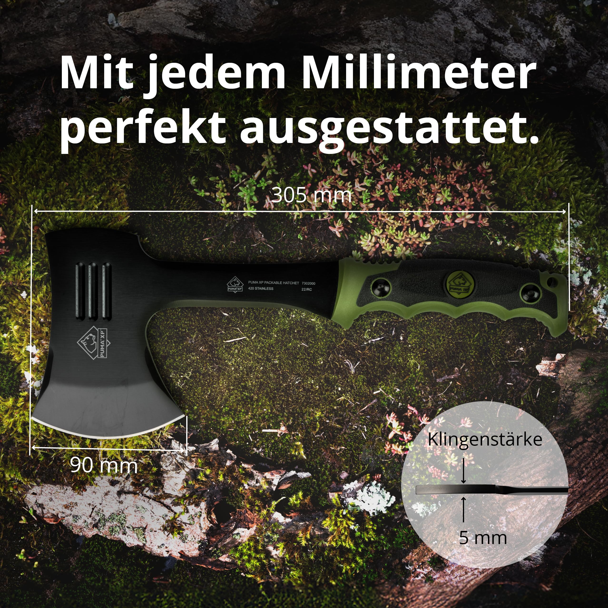 PUMA XP - Packable Hatchet – Kompaktes Outdoor-Beil Olivgrün mit 90 mm Schneide & 305 mm Gesamtlänge – 5 mm Starke Klinge aus 440 Stahl (55-57 HRC) – Rutschfester Gummigriff – inkl. Nylon-Scheide