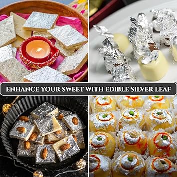 30 Edible Silver Leaf Sheets 6 cm x 6 cm, Edible Silver Leaf Sheets for Cakes, Desserts, Chocolate, Art and Craft, Face Mask and Nail Art