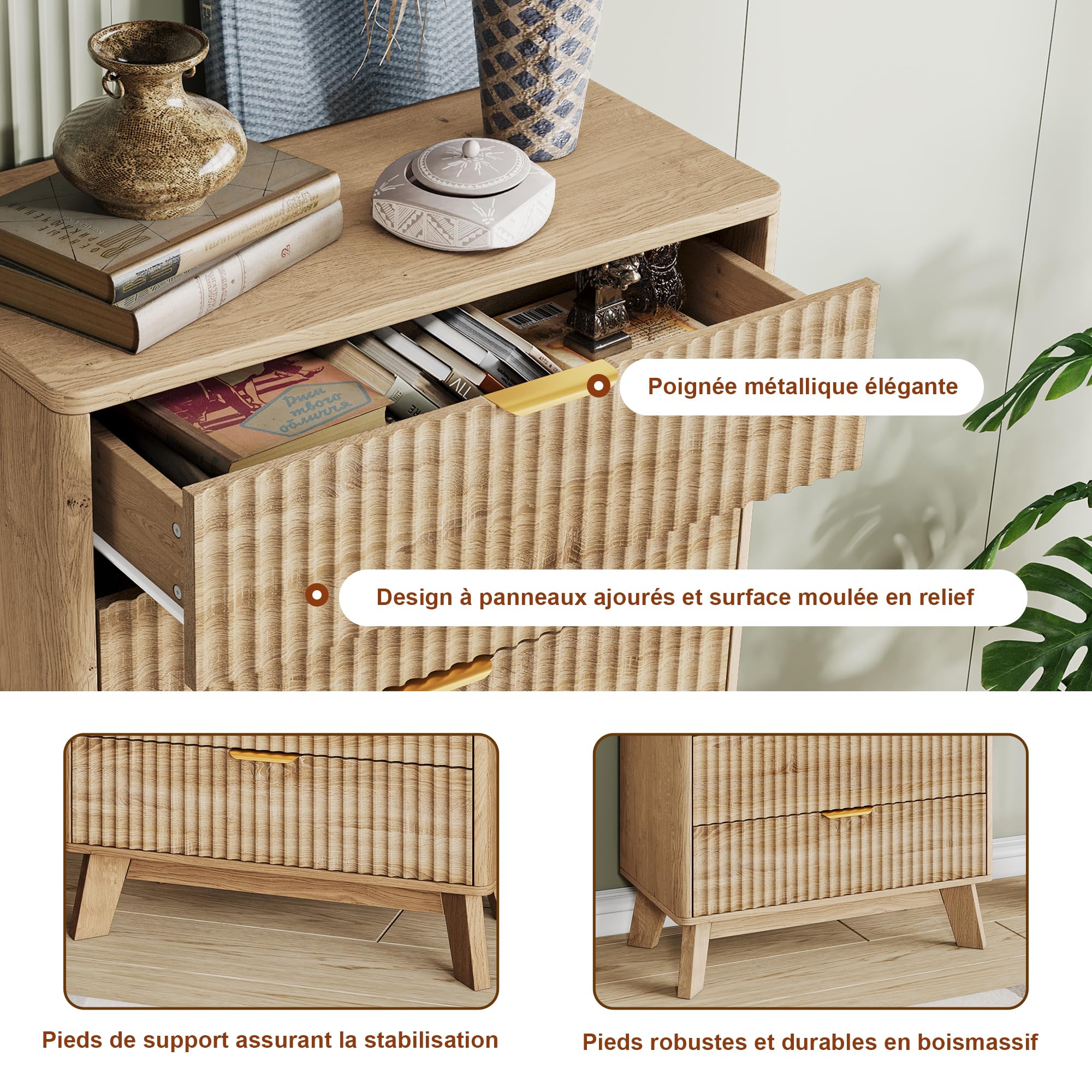 Commode Rangement en Bois, Chiffonnier 5 tiroirs avec antichute et Pieds surélevés, Meuble 40 cm de Profondeur pour Chambre, Entrée, Salon, Bureau, 73x40x108 cm