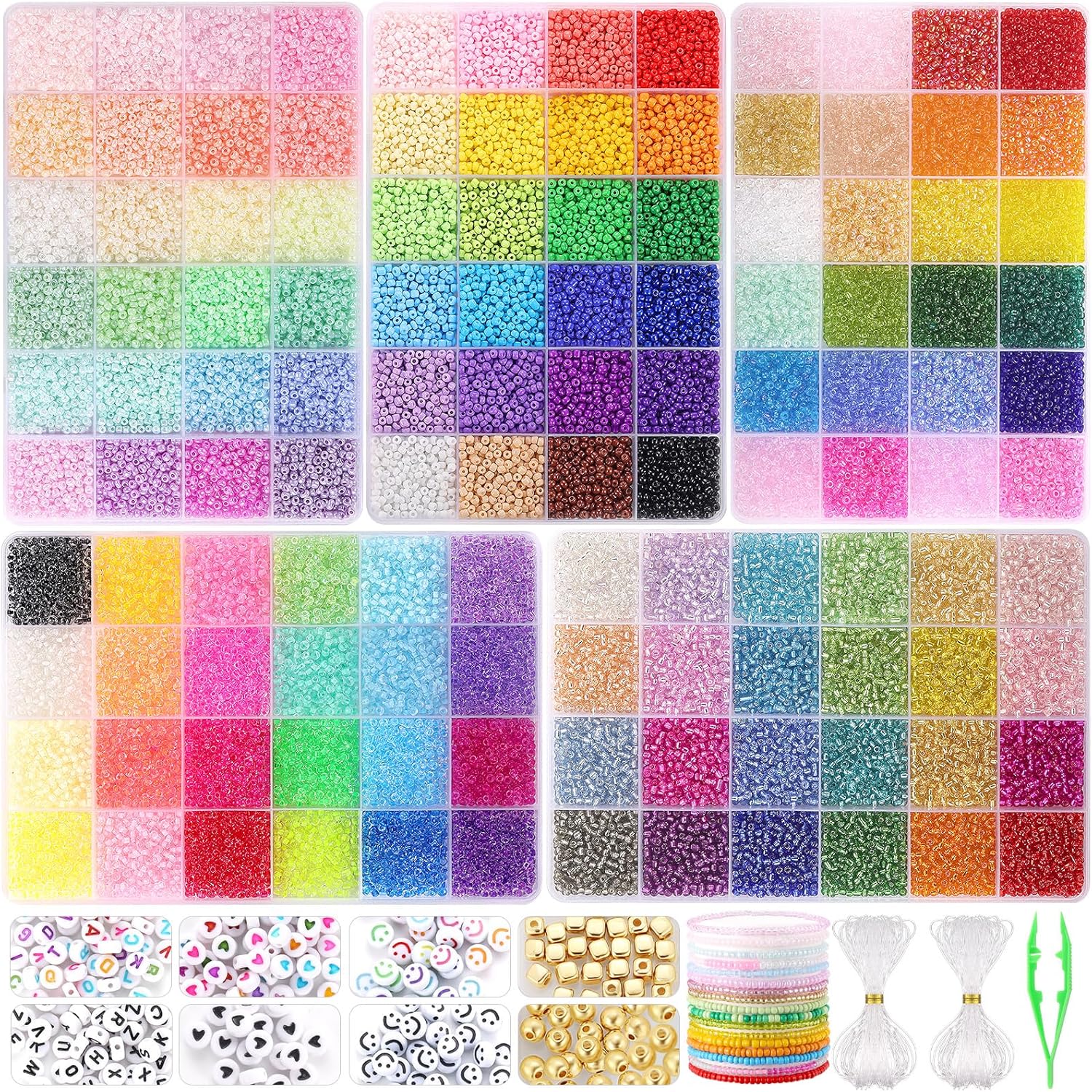 Funtopia 34000pcs+ 3mm Seed Beads for Jewelry Making, 5 Types 120 Colors Small Glass Beads for Bracelets, Friendship Bracelet Kit with Alphabet Letter Beads Smile Face Beads for DIY, Art and Craft