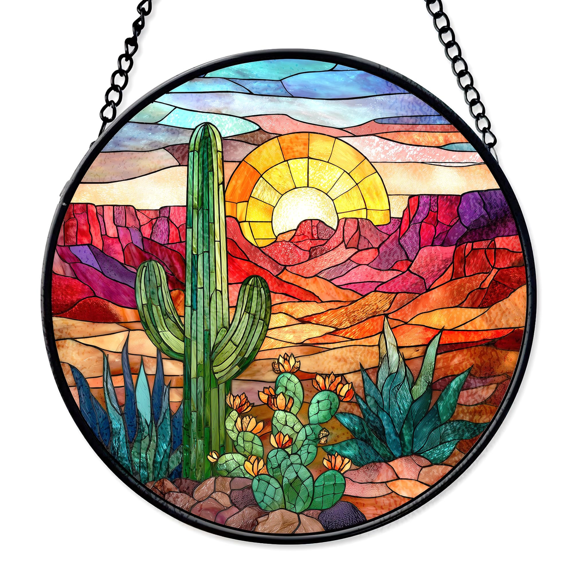 7.8" Cactus Suncatcher Stained Glass Window Hanging Green Plant Sun Catchers Desert Landscape Ornament Wall Art Door Terrace Garden Home Decor Birthday for Women Men Mom