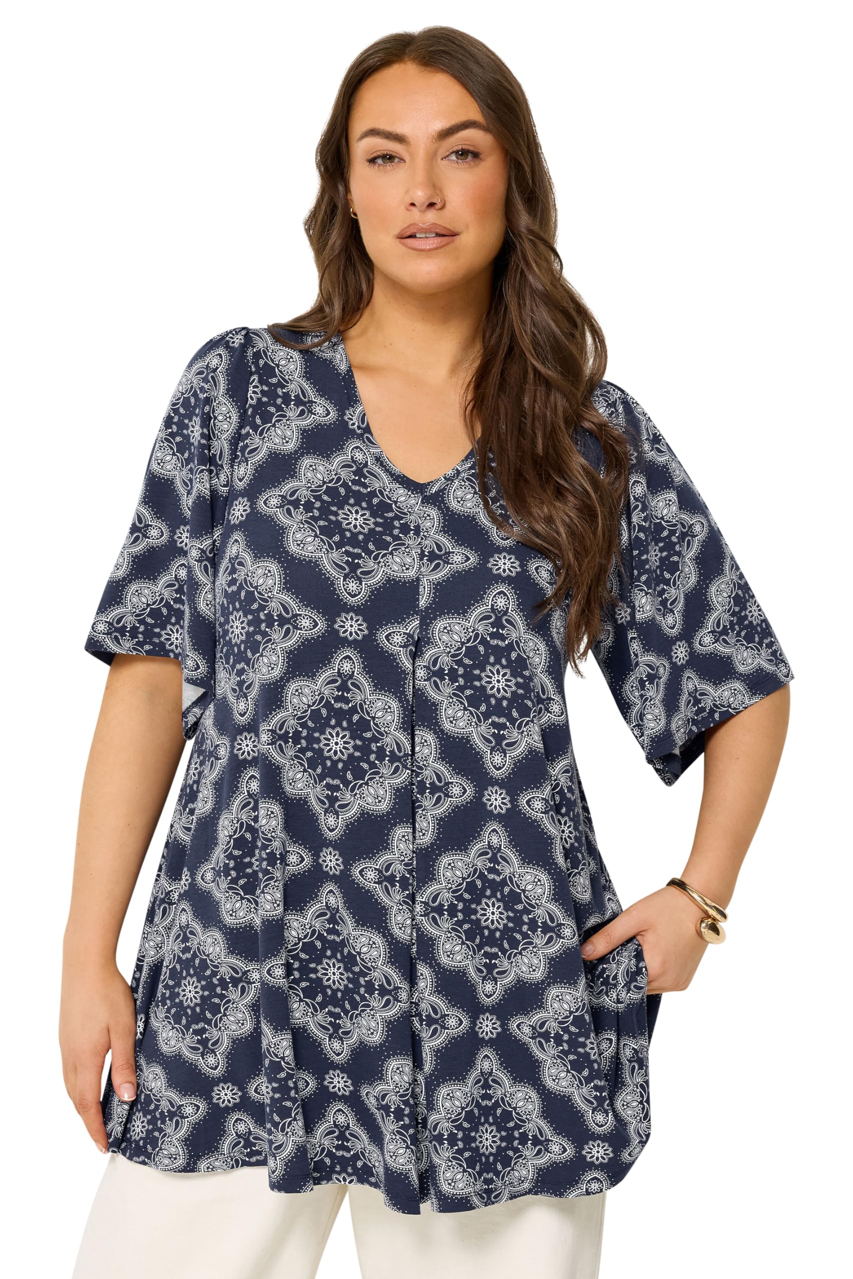 Yours Women's Dark Navy Paisley Pleat Front Angel Sleeve Top In Size 20