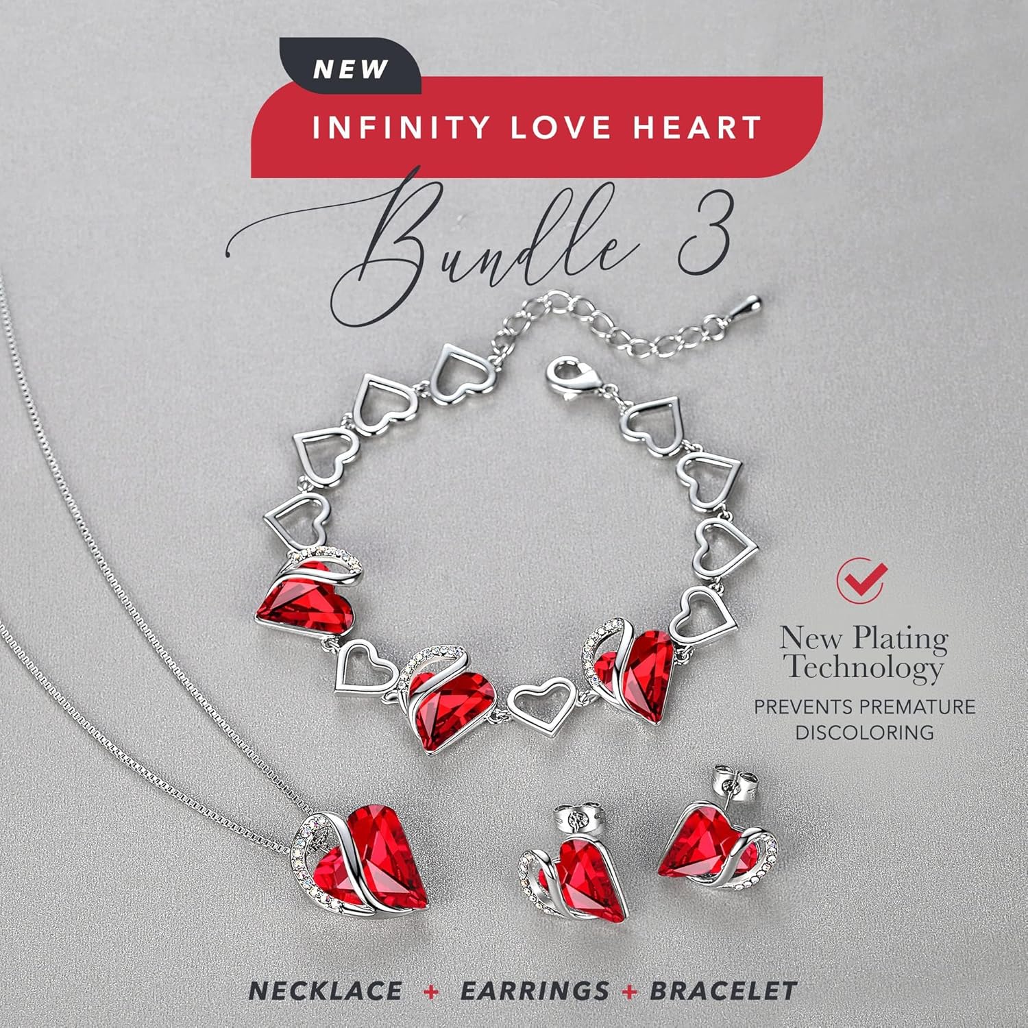 Leafael Necklace Gift Set for Women, Infinity Love Birthstone Heart Pendant with Matching Earrings and Bracelet, for Mom and Wife, Silver Plated