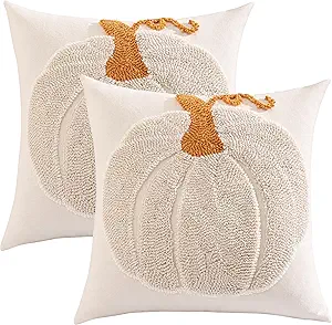 Tosleo Halloween Throw Pillow Covers 18x18 inch Set of 2 Halloween Beige Pumpkin with Orange Root Embroidered Pillow Cases Thanksgiving Home Party Pumpkin Fall Decor Pillowcases Square Cushion Covers