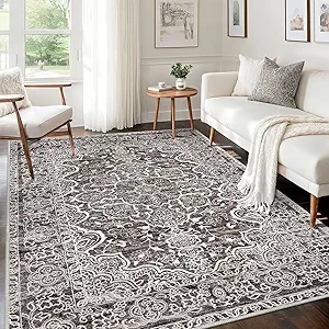 KUTA Vintage Area Rug 5x7 Tan Grey, Washable Rugs for Living Room Soft Non-Slip Printed Distressed Tribal Traditional Farmhouse Carpet for Bedroom Dining Room Dorm Office Home Decor