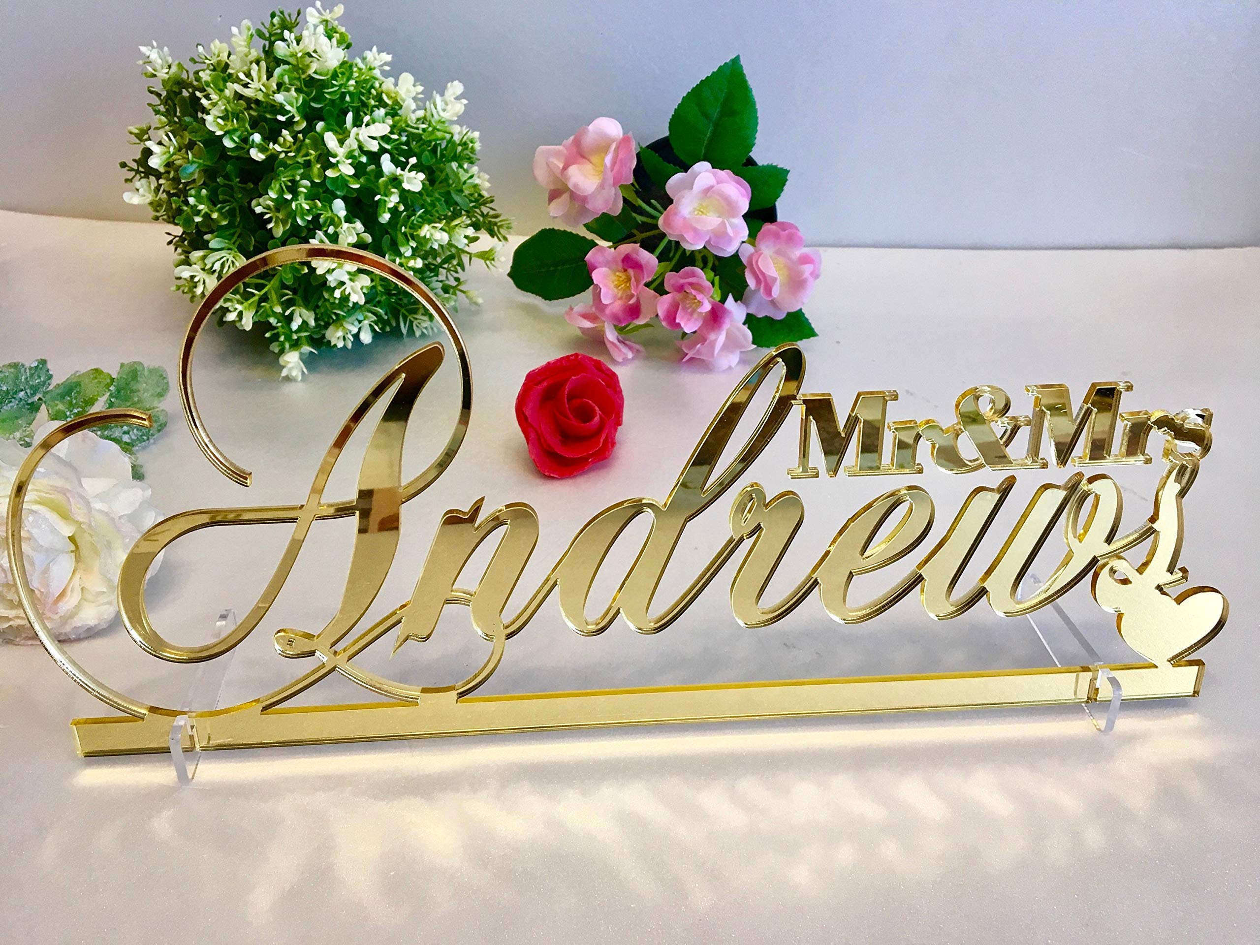 Mr & Mrs Wedding Freestanding Table Sign with Heart, Personalized Last Name Sweetheart Table Centerpiece for Party