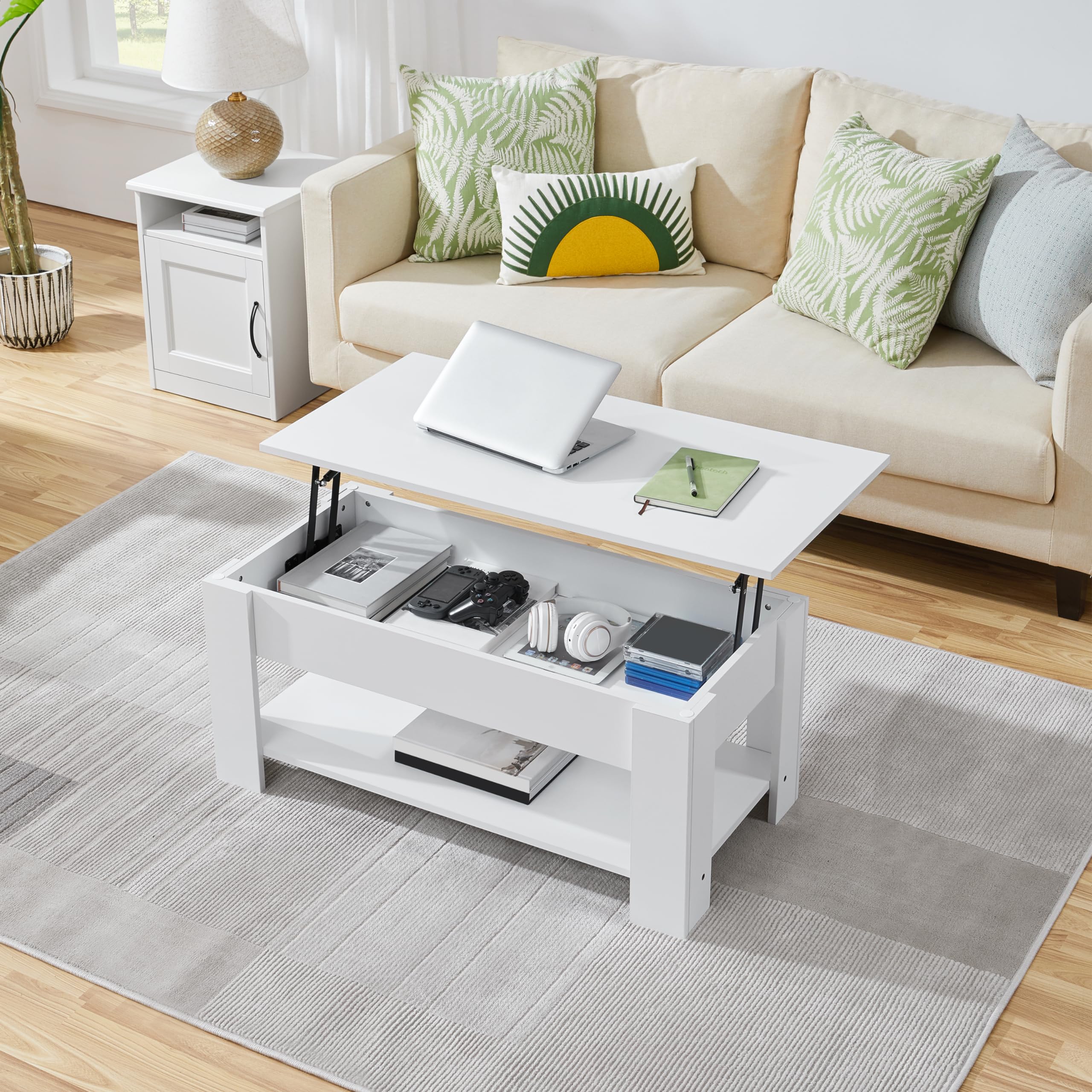 Yaheetech Tavolino da Caffè sollevabile Tavolo Moderno Elevabile da Salotto Divano Caffè con Ripiano Inferiore 98 x 50 x 42-56 cm Bianco