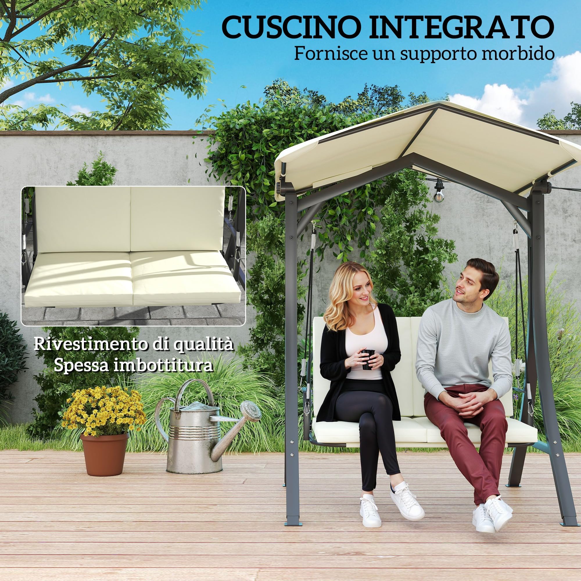 Outsunny Hollywoodschaukel mit verstellbarem Sonnendach Sitzauflage, 2-Sitzer Gartenschaukel belastbar bis 220kg, UV 30+ Schaukelbank für Garten, Terrasse, 150x120x182cm, Cremeweiß