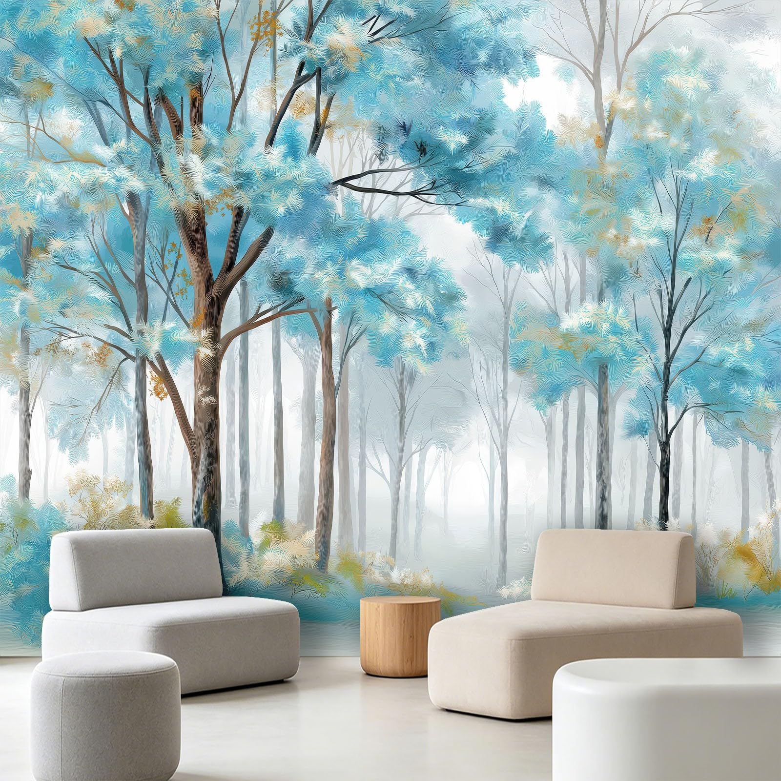 Papel pintado fotográfico de niebla de árboles, 300 x 210 cm (ancho x alto) no tejido, mural de pared abstracto bosque acuarela para cocina, comedor, oficina, papel pintado decorativo